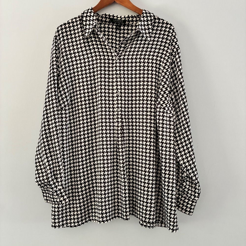 Lauren Ralph Lauren Shirt 3X Houndstooth Blouse Office Sophisticated Preppy - Picture 1 of 9